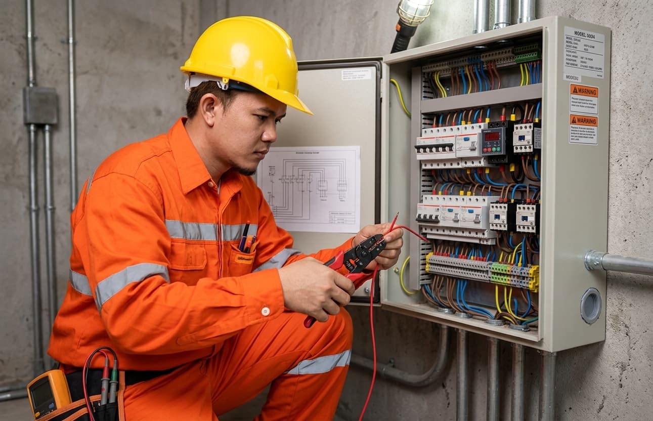 Electrician installing and labeling wiring inside a breaker panel