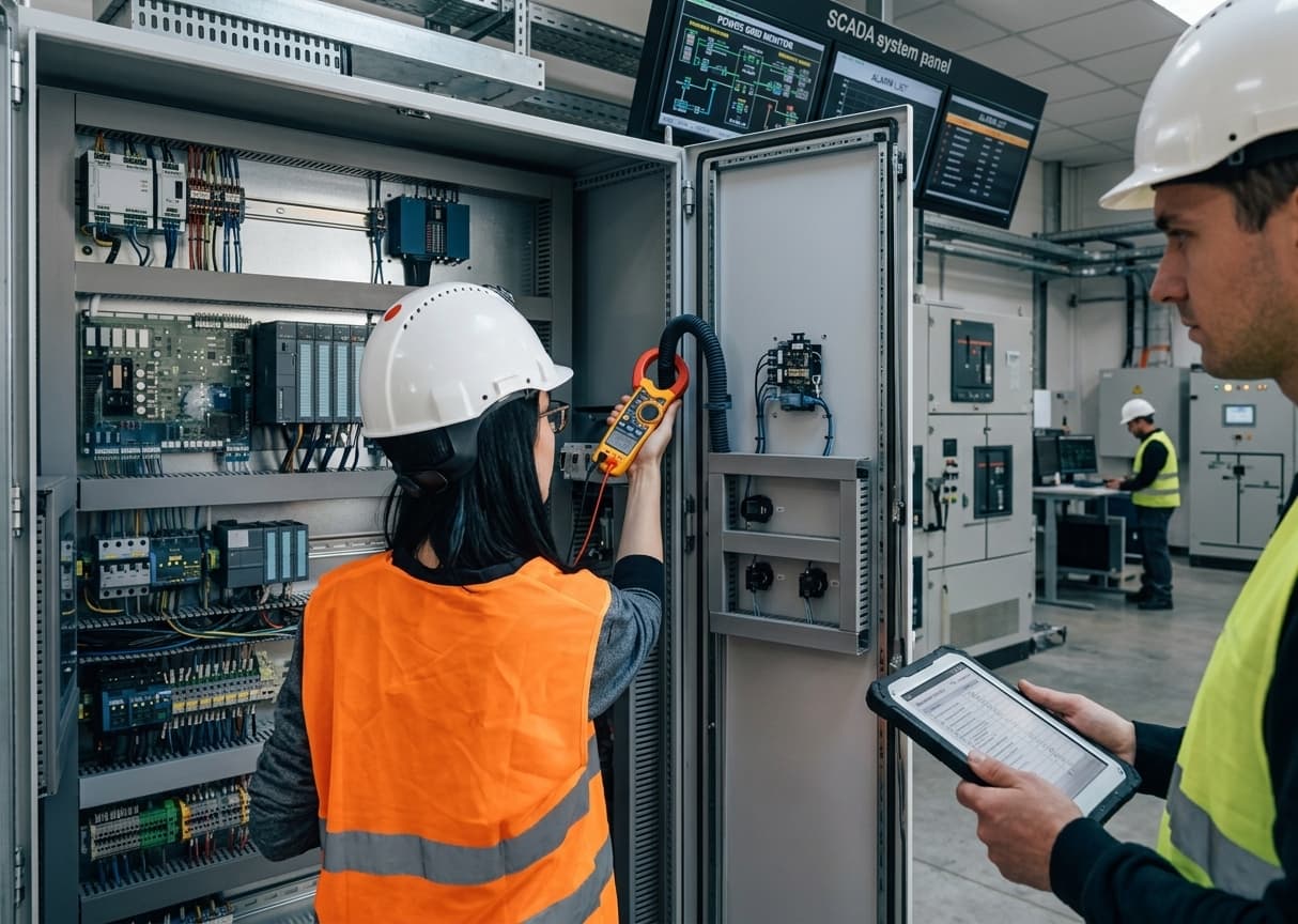 Two electrical engineers monitoring a SCADA control panel system
