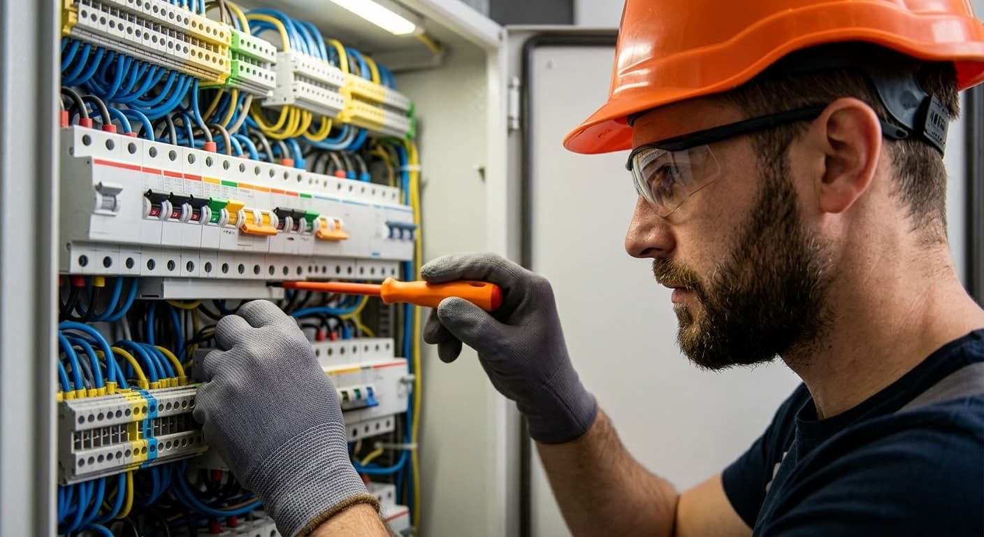 Electrician performing a precise inspection on a live circuit breaker panel