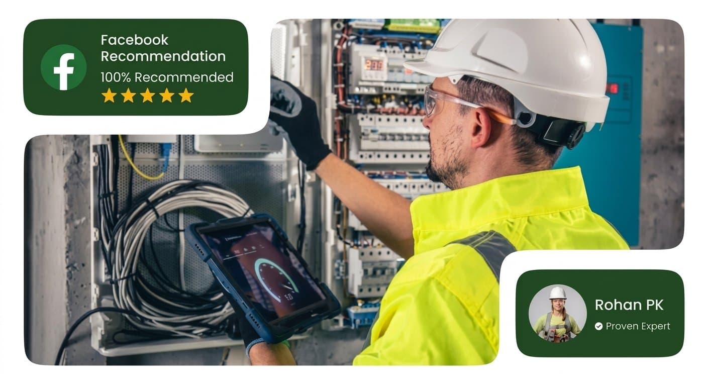 Electrician inspecting a commercial circuit breaker panel with a diagnostic tablet