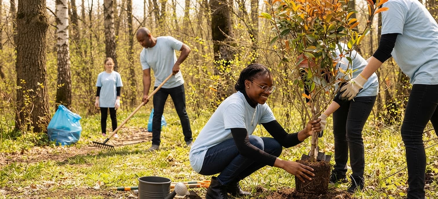 Volunteers and Everwood crew planting a young tree