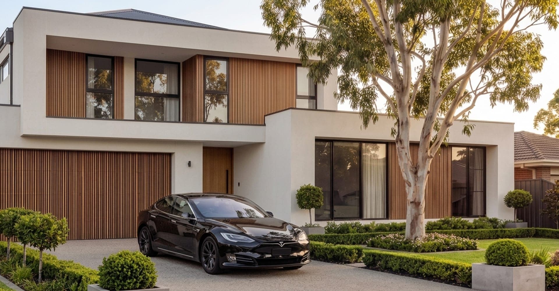 Modern Melbourne home with a large garage and a Maverick service vehicle in the driveway