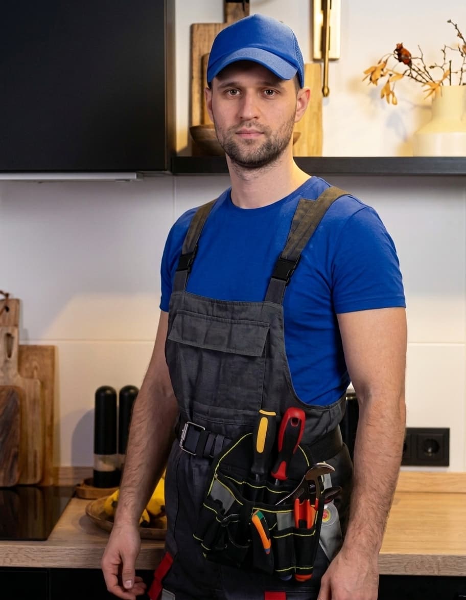 Plumber crossing arms in a kitchen
