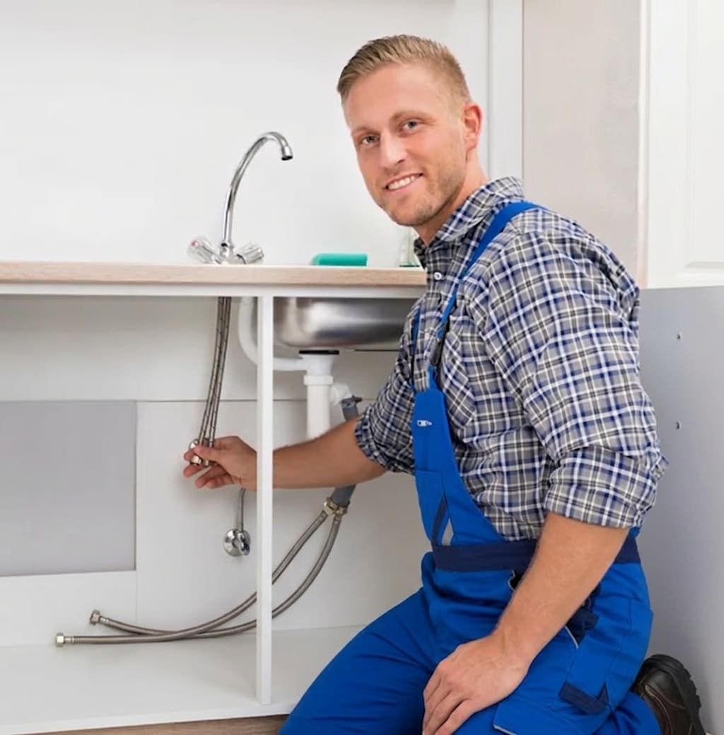 Plumbing technician repairing a kitchen sink
