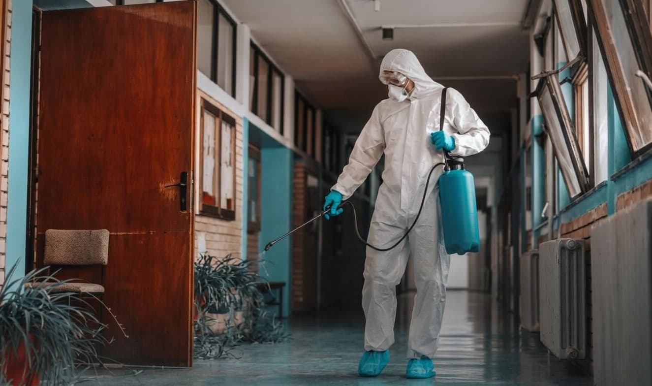 SafePest technician treating a residential hallway