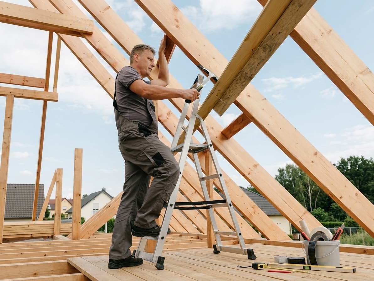 Roofer inspecting a newly framed roof before winter