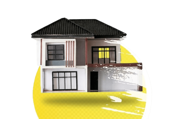 3D model of a two-story house with a dark shingle roof