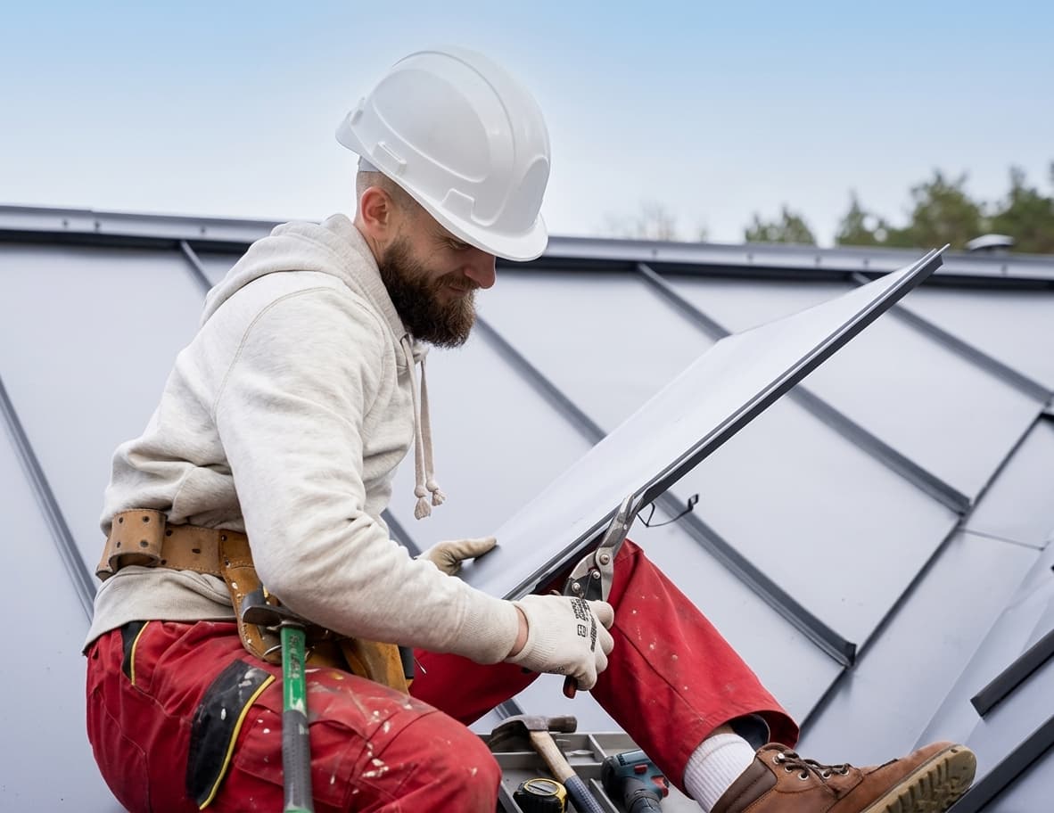 Roofing technician spotting a damaged panel during an inspection