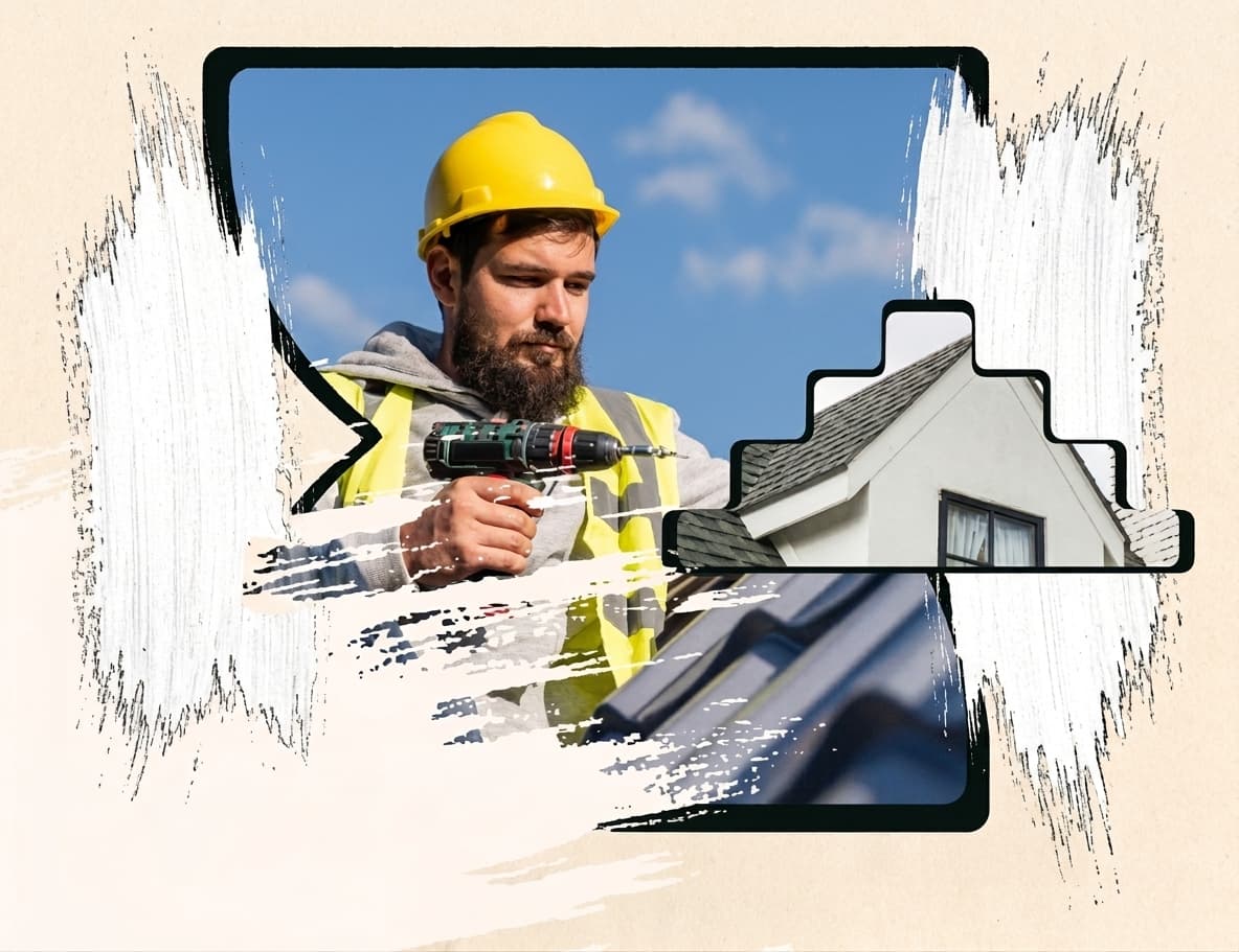 Roofer with a power drill beside a house roofline illustration